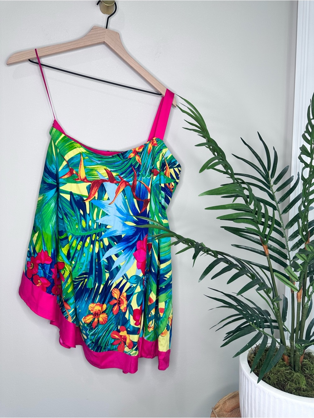 Cache Tropical Print Silk One Shoulder Top